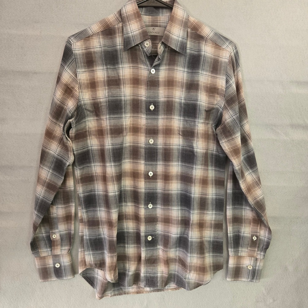 Canali 1934 Mens Brown Grey Plaid Cotton Button Down Shirt Made in Italy Small